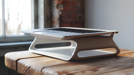 Adjustable Laptop Stand An adjustable laptop stand with a sleek design, elevating a laptop to eye level to promote better posture and airflow, ideal for remote work or studying at home. - obrazy, fototapety, plakaty