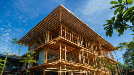Modern bamboo architecture under blue skies