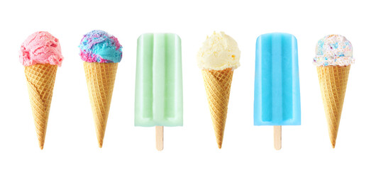 Set of unique summer popsicle and ice cream desserts isolated on a white background. Pastel colors....