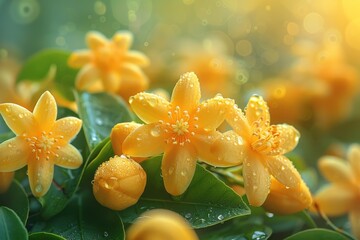 Fototapeta premium Cluster of yellow flowers with water droplets on petals
