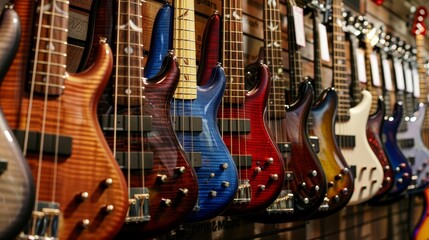 "A series of bass guitars hanging on a wall in a music store, showcasing a variety of colors and styles available to musicians." --ar 16:9 --style raw Job ID: 7168d316-f6ed-4713-a71e-03bc6901a72c