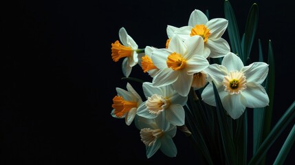 A cluster of bright daffodils illuminated against a deep velvety black backdrop
