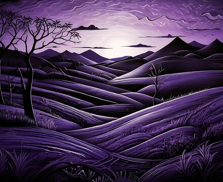 purple coloured hills landscape with tree silhouette and clouds