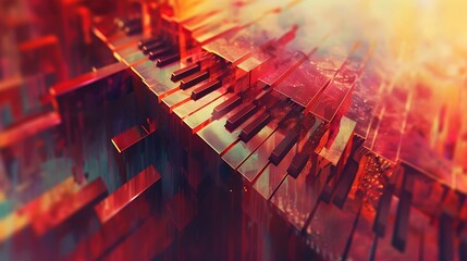 3D rendering of red and orange glossy piano keys. Vibrant colors and reflections of light. Modern abstract background.