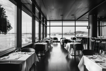 Interior of an empty restaurant with a view. 