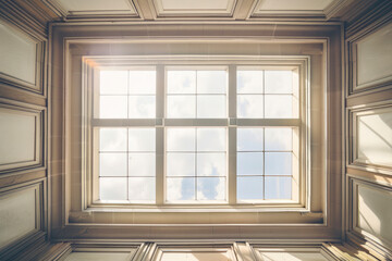 Glass ceiling with window. Square shot, vintage.