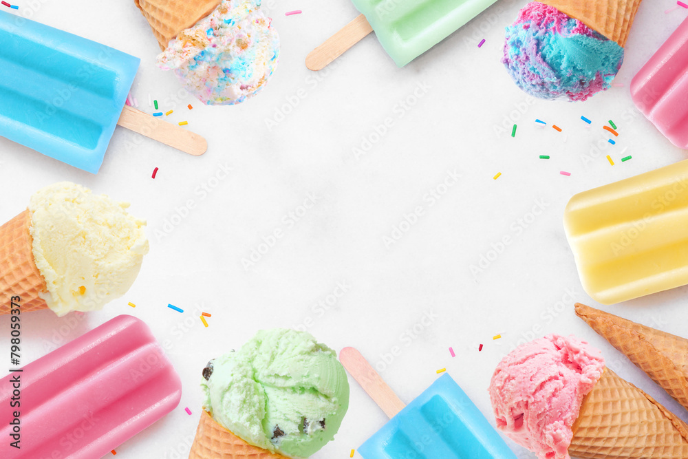 Aufkleber variety of colorful pastel ice cream cones and popsicle summer frozen desserts. top down view frame 