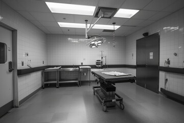 A stark black and white photo of a hospital room. Perfect for medical or healthcare concepts