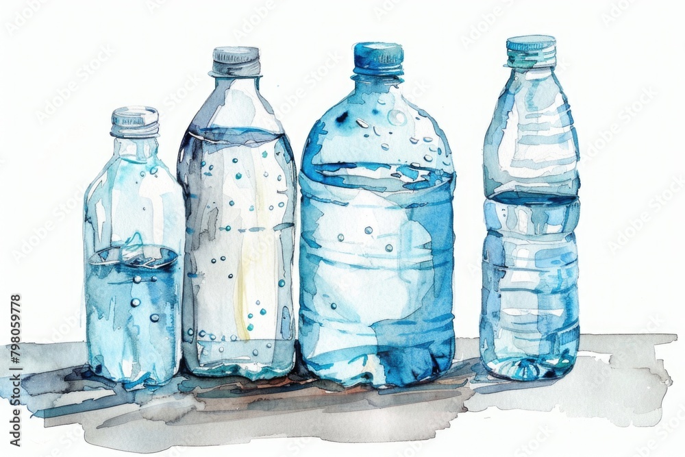 Poster a group of water bottles lined up next to each other. perfect for showcasing hydration products