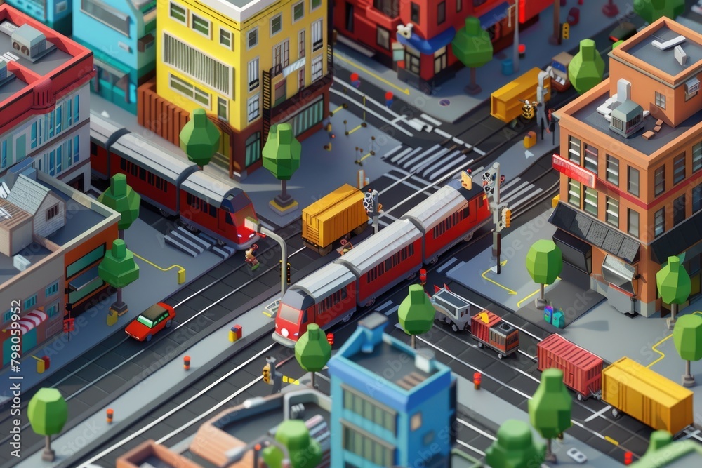 Poster a train moving through a city with tall buildings. suitable for transportation concepts
