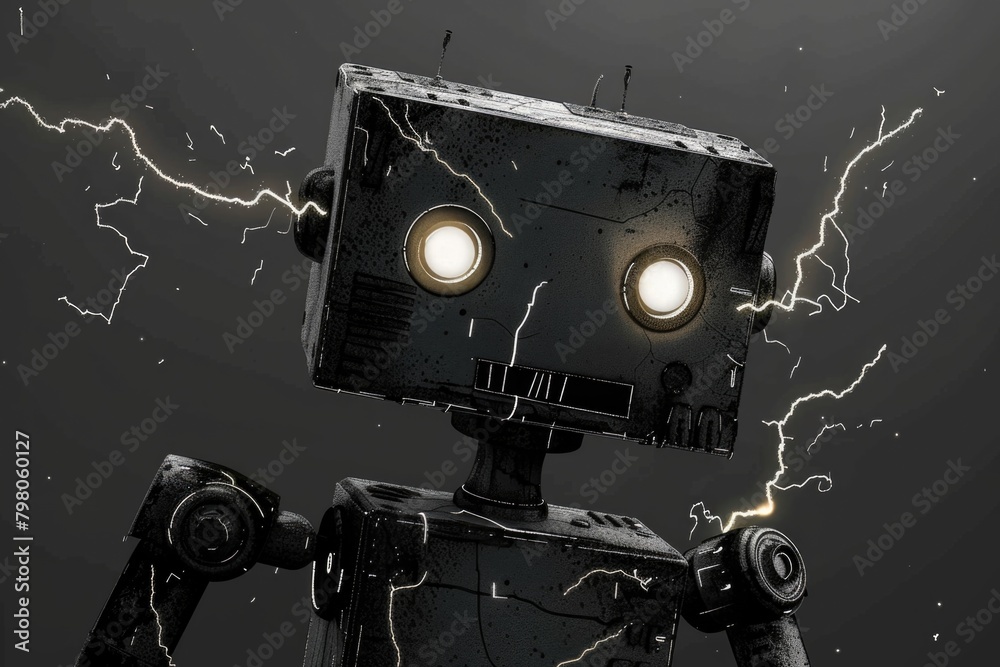 Poster A striking black and white image of a robot with lightning emanating from its eyes. Perfect for science fiction or technology concepts