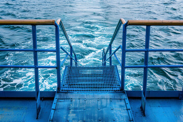 Blue metal with railing on top deck ferry boat. - Powered by Adobe