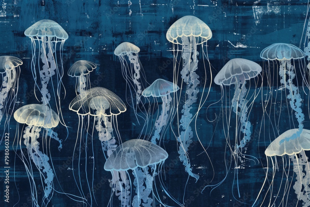 Poster a group of jellyfish floating in the water. suitable for marine life concepts