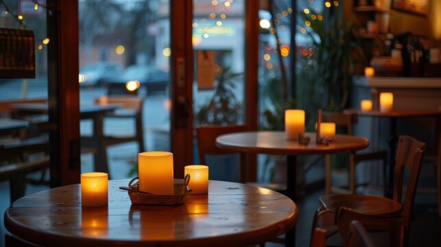 A quaint coffee shop with an LED candle array on each table offering a cozy and inviting atmosphere. 2d flat cartoon.