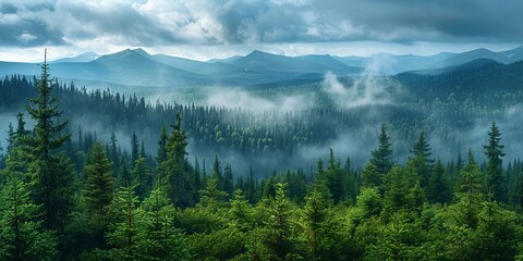 A breathtaking view of a dense forest with fog rolling through it, against the backdrop of majestic mountains, showing the peaceful and mysterious beauty of nature