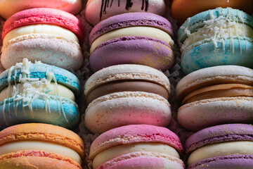 Close up of colorful macarons in a box