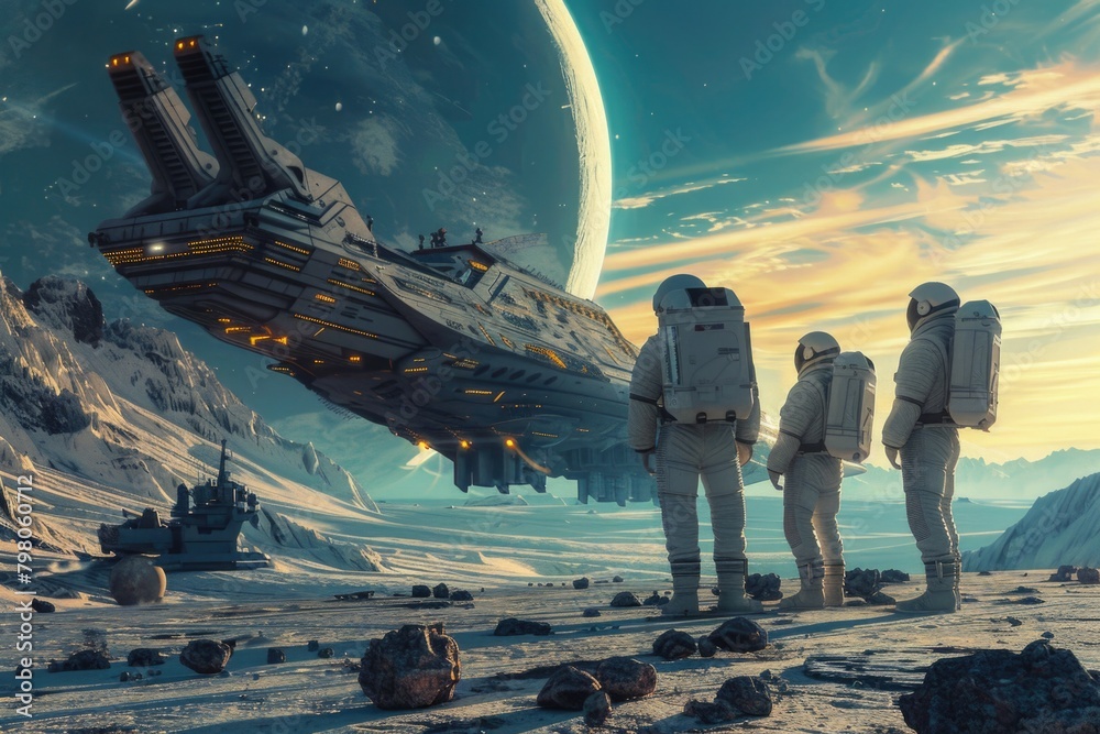 Poster A group of people standing in front of a spaceship. Suitable for science fiction or technology concepts