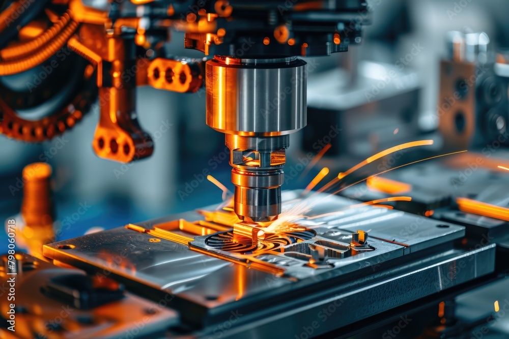 Poster A close up image of a machine with sparks flying out. Perfect for industrial and engineering concepts