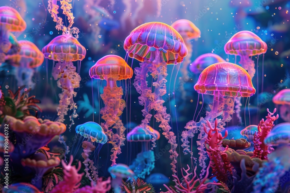 Poster a group of jellyfish floating in the ocean. perfect for marine life concepts