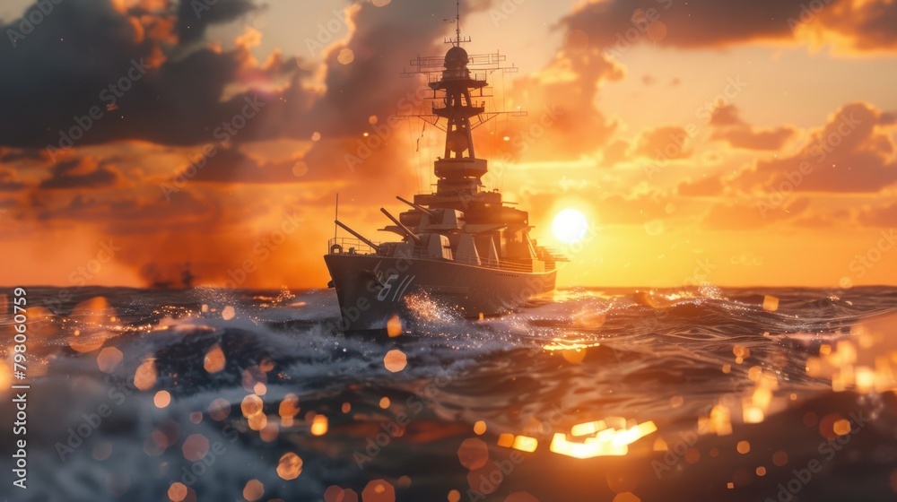Poster a boat floating in the middle of the ocean at sunset. suitable for travel and adventure concepts
