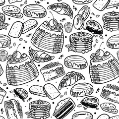 hand drawn engraving desserts set seamless pattern in colorful style