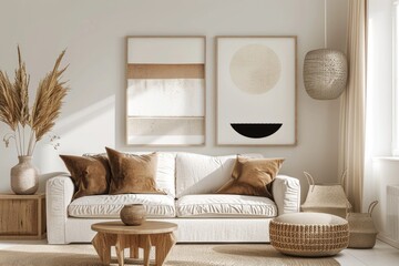 A cozy living room setup with a white couch and coffee table. Ideal for interior design concepts