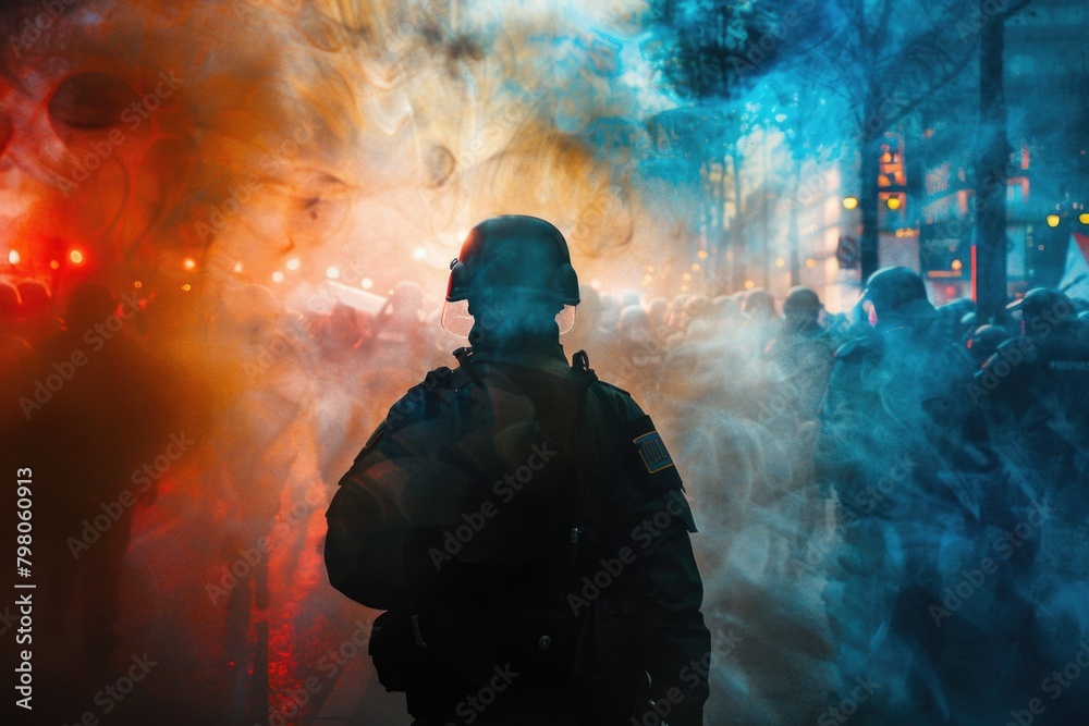 Poster a man in a gas mask standing in front of a crowd. suitable for concepts of protest, pollution, and p