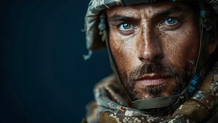 Closeup of American soldier in uniform on dark background patriotic holiday concept. Concept American Soldier, Uniform, Patriotic Holiday, Closeup Shot, Dark Background