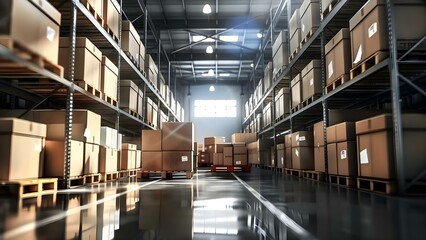 Modern warehouse filled with cardboard boxes on shelves and pallets. Concept Industrial Warehouse, Cardboard Boxes, Storage Facility, Pallets, Shelves