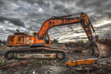 A large orange excavator sitting on top of a pile of rubble. Suitable for construction and industrial concepts