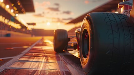 Obraz premium Close up view of formula 1 racing car tires on star line track. sunset blur background.