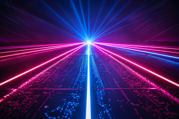 Fototapeta na wymiar Bright laser light beams in blue and violet illuminating a black background.