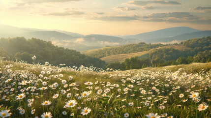 Beautiful spring and summer nature with fields of blooming daisies in the grass in the hilly countryside.
