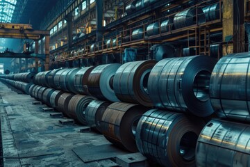 Industrial steel coils in a warehouse, suitable for manufacturing or construction industry