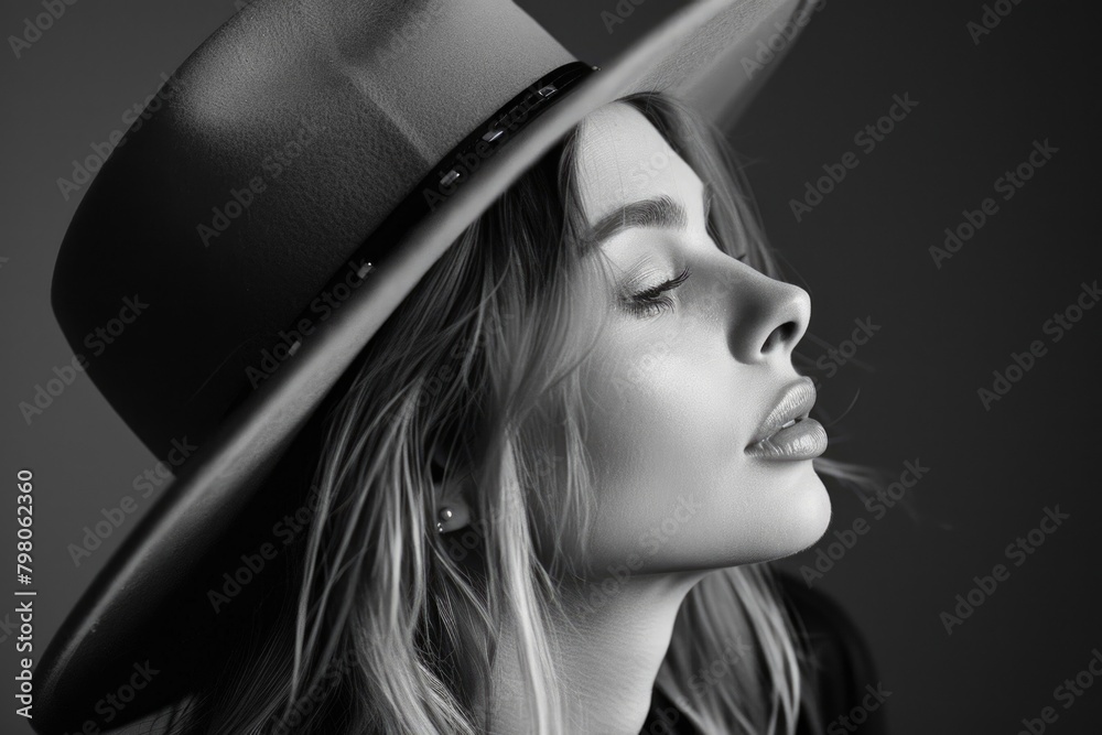 Poster A woman wearing a hat and a black shirt. Suitable for fashion and lifestyle concepts