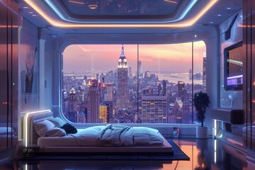A bedroom with a stunning view of the city skyline, perfect for urban lifestyle concepts