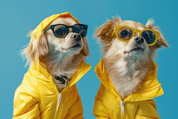 Two dogs wearing yellow raincoats and sunglasses, perfect for pet fashion blogs or animal accessories advertisements