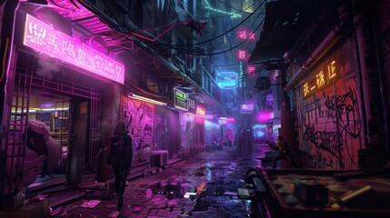View of a traditional market alley at night in Asia with neon signs. - obrazy, fototapety, plakaty