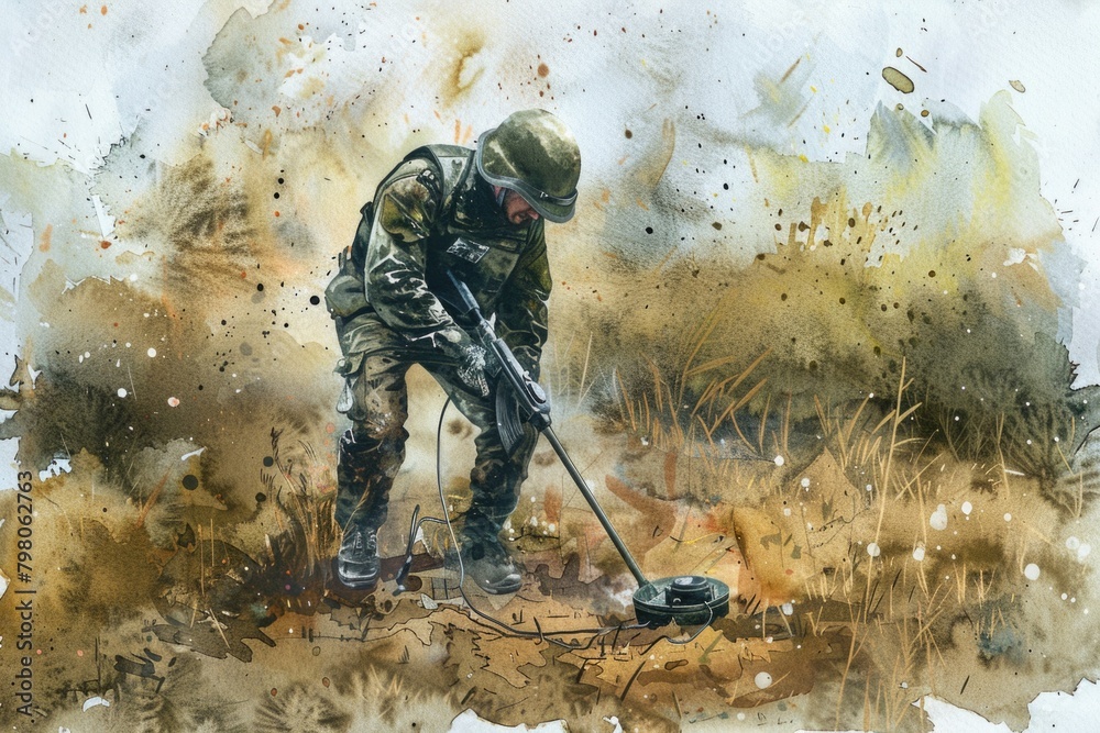 Poster a soldier using a metal detector. suitable for military or security concepts