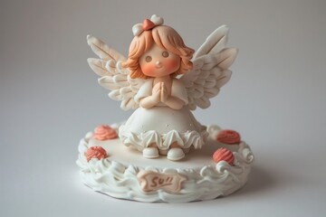 Fototapeta premium A cute angel figurine sitting on top of a delicious cake. Perfect for celebrations and special occasions