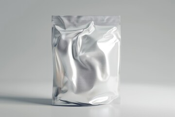 A silver foil bag placed on a table, suitable for product packaging mockup