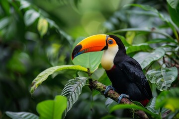 A vibrant toucan perched in the Amazon rainforest, its vivid colors standing out against the green foliage,Keel-billed Toucan, Ramphastos sulfuratus, bird with big bill sitting on the branch in 