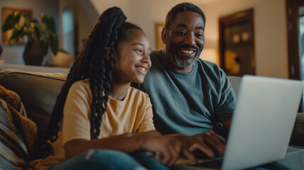 Amidst the warmth of a cozy living room, a father and his teenage daughter engage in a lively discussion while seated on the couch, a laptop open between them. The room is filled with soft