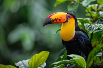 Fototapeta premium A vibrant toucan perched in the Amazon rainforest, its vivid colors standing out against the green foliage,Keel-billed Toucan, Ramphastos sulfuratus, bird with big bill sitting on the branch in 