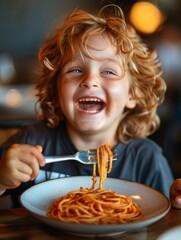 A young boy is eating spaghetti with a fork and smiling