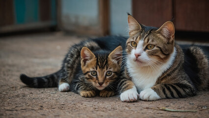 Two kittens and their mother on a blanket.