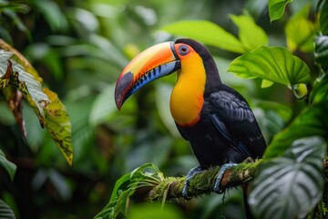 Naklejka premium A vibrant toucan perched in the Amazon rainforest, its vivid colors standing out against the green foliage,Keel-billed Toucan, Ramphastos sulfuratus, bird with big bill sitting on the branch in 