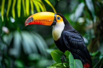 Naklejka premium A vibrant toucan perched in the Amazon rainforest, its vivid colors standing out against the green foliage,Keel-billed Toucan, Ramphastos sulfuratus, bird with big bill sitting on the branch in 