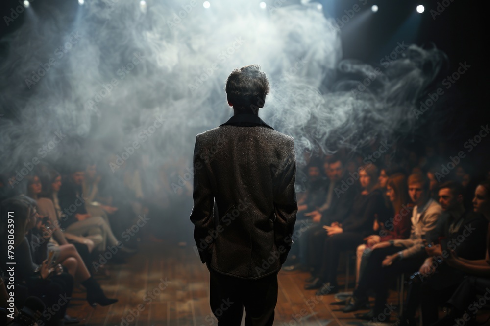 Poster a man standing in front of a crowd. suitable for business presentations