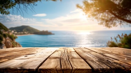 A pristine and high-quality image of a wooden table that leads the eye towards a beautiful seascape, including an island and the expansive blue sky